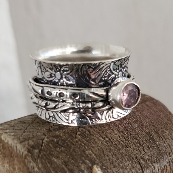New Pink Topaz Silver Spinner Meditation Ring - Picture 3 of 8